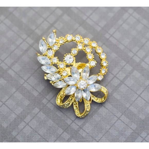 Jewelry - Vintage Victorian Gold Tone Floral Rhinestone Brooch G9